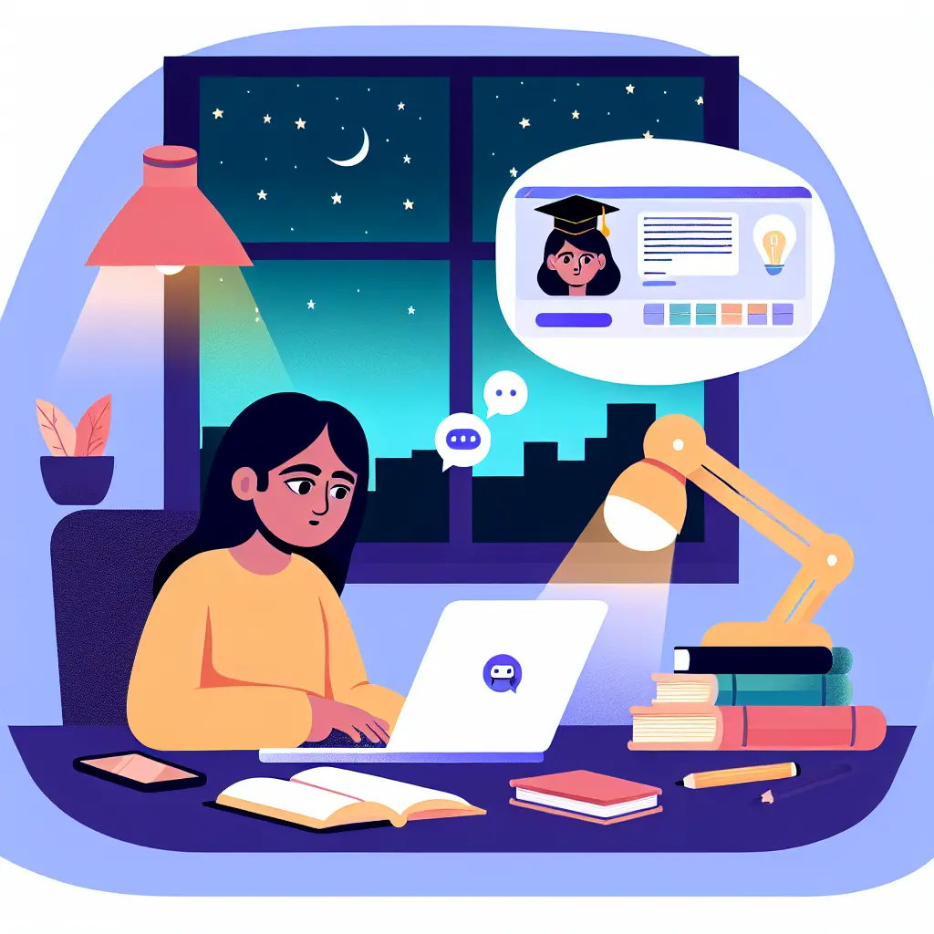 Student working late at night on thesis with laptop showing ChatGPT interface