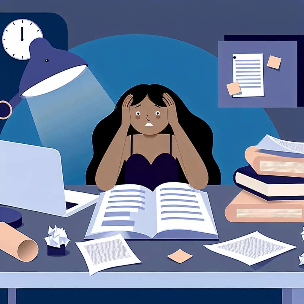 Doctoral student working late at night, surrounded by research materials